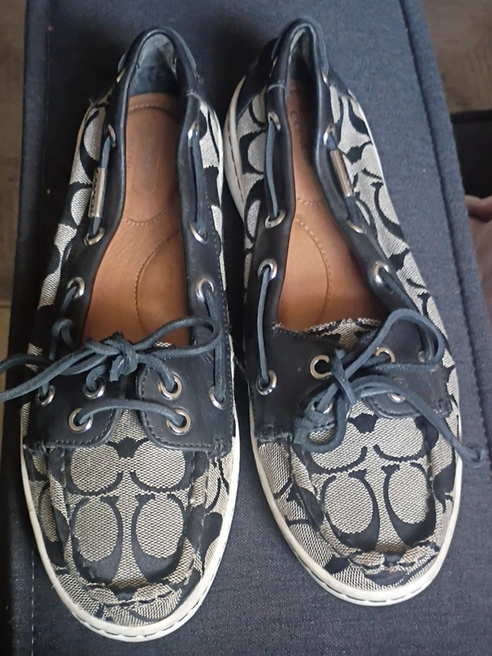 Coach Black and Cream Signature Canvas Boat Shoes
